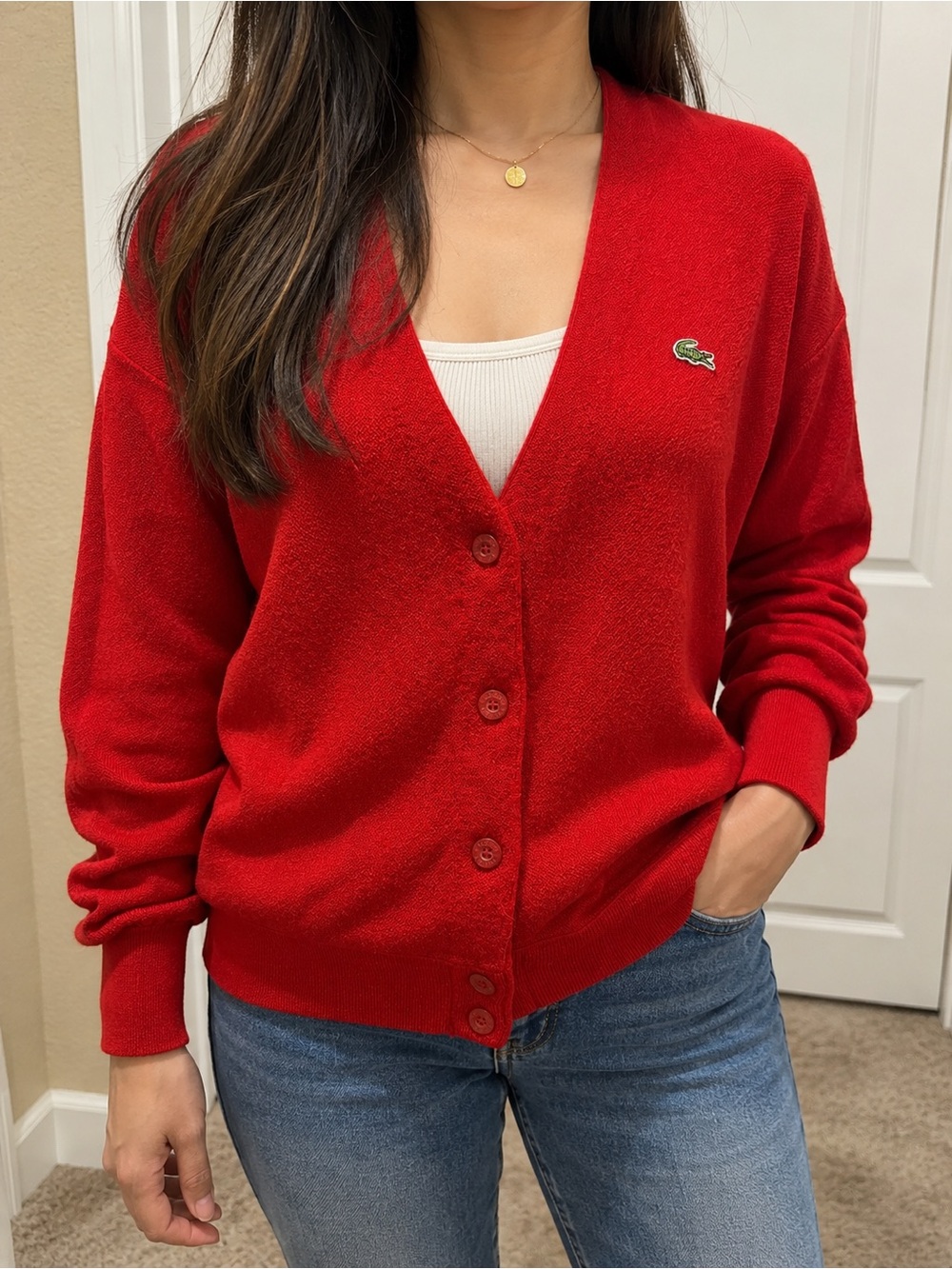 LACOSTE VINTAGE RED WOOL CARDIGAN